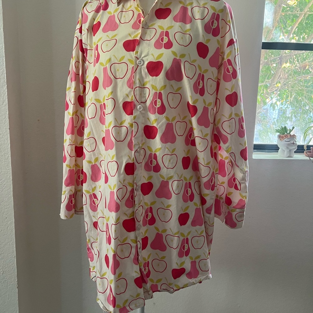 Apple Print Women's Pajama Shirt Cotton Long sleeve Shirt - Picture 5 of 15
